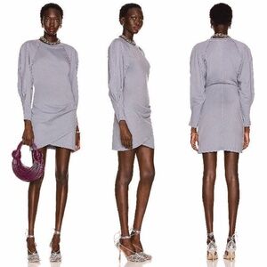 IRO Elona Ruched Pleated Blouson Sleeve Surplice Mini Dress, Gray Medium